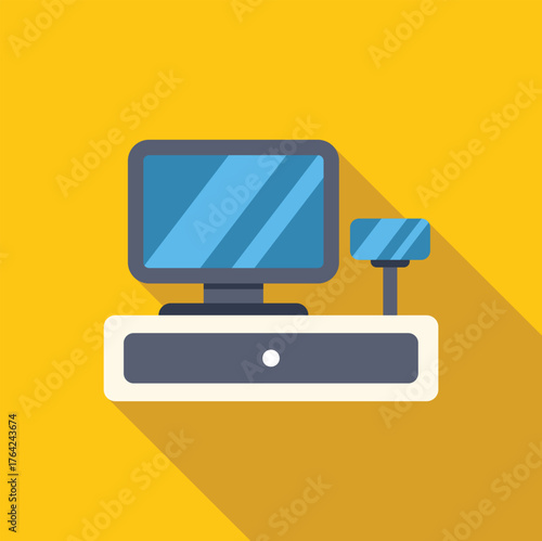 Cash register machine with monitor and barcode scanner is ready for processing payments in a store