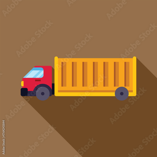 Red truck pulling yellow cargo container in flat design style with long shadow