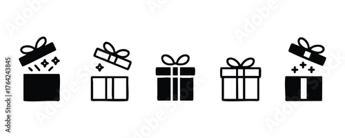 Open and Closed Gift Box Icons Set, Vector Silhouette and Outline Present Icons, Surprise or Giveaway Box Icons, vector, illustration