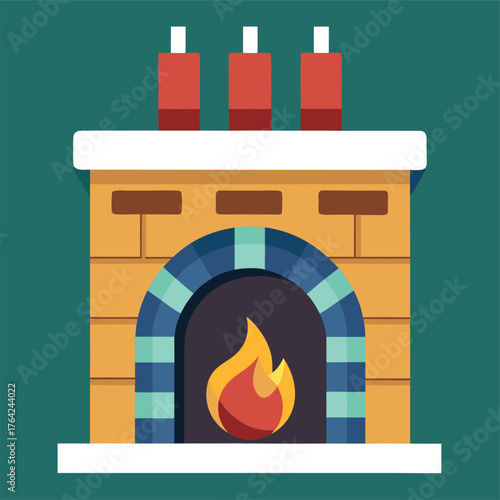 Cozy brick fireplace with burning flames and chimney pots on a teal background