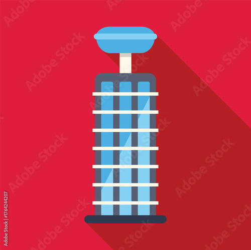 Drop tower ride with blue passenger car waiting at the top on red background, flat design with long shadow