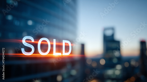 Modern cityscape with glowing 'SOLD' sign reflecting the dynamic real estate market and urban lifestyle during twilight.