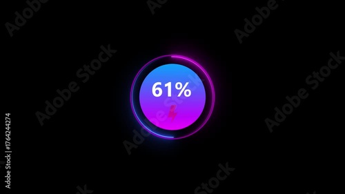 Neon Glowing loading animation counting from 0 to 97% percent. Charging screen 97% percent, charging battery on black background.