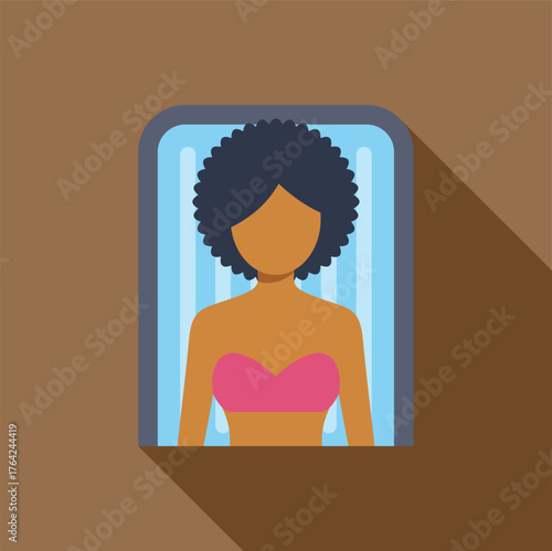 Woman with afro hair is relaxing inside a tanning bed, sunbathing for beauty treatment