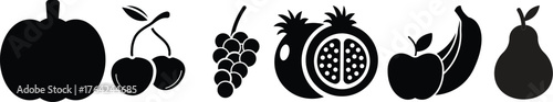 Food fruits glyph icon set. Vector pictograms of banana, strawberry, pineapple, watermelon, grapes, mango, blueberries, peach, cherry, lemon, avocado, pear, kiwi, black sign silhouette illustration. 