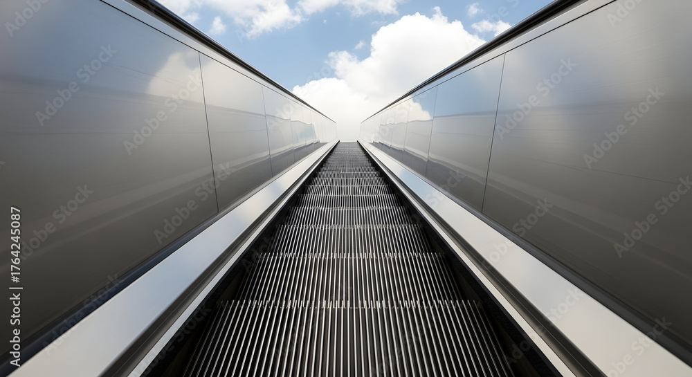 Obraz premium Innovative Perspective View of Modern Architectural Walkway With Intricate Patterns and Reflections Against a Clear Sky with Soft Clouds