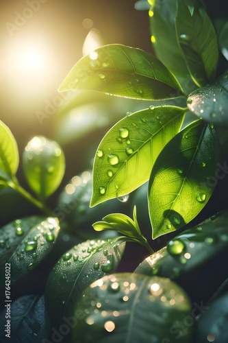 green leaf with drops of water