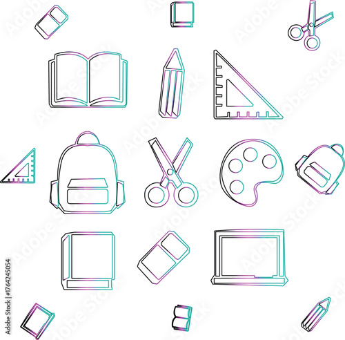 School supplies collection featuring backpack scissors pencil and more.