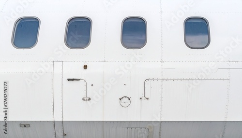 White Airplane Body with Four Windows Showing Blue Sky Overhead Angle View
