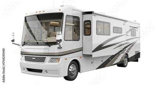 Modern White Class A Motorhome RV with Slide-out on White Background