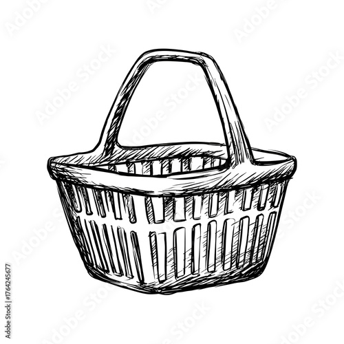 Hand drawn sketch of shopping basket symbolizing retail sale and grocery discount.