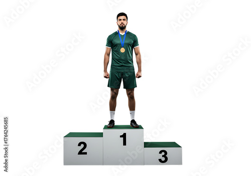 Champion athlete stands proudly on podium winning gold medal