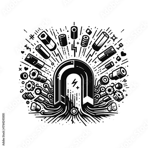 Powerful magnet surrounded by various metallic components and electrical connections.