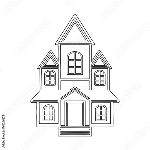 Simple outline drawing of a house with steep roofs
