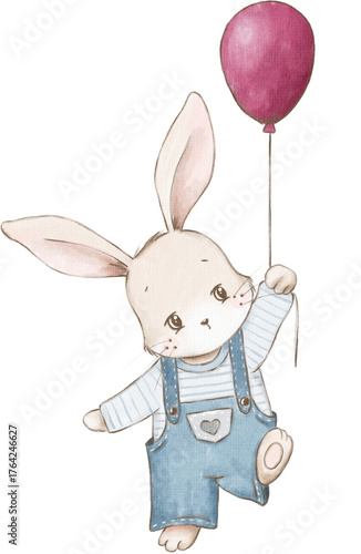 Watercolor Bunny Boy with balloon for Christmas Celebration