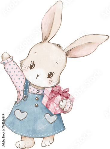 Watercolor Bunny Girl with Gift Box for Christmas Celebration