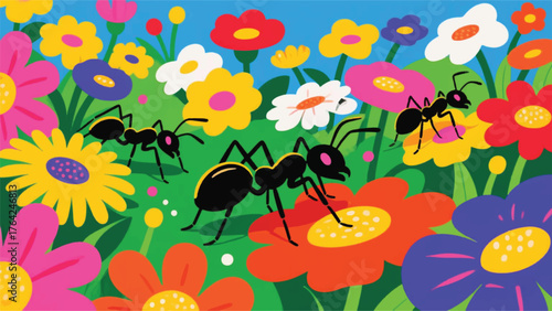 Ants in Garden Flower Nature Illustrator Artwork Banner Background Design Template 