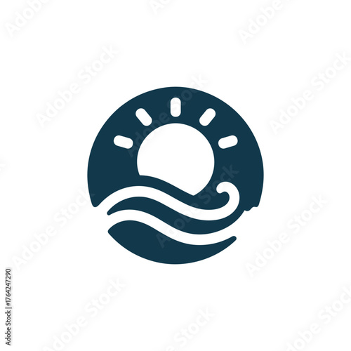 Dark blue circular logo featuring a sun with rays above two wavy lines representing water.