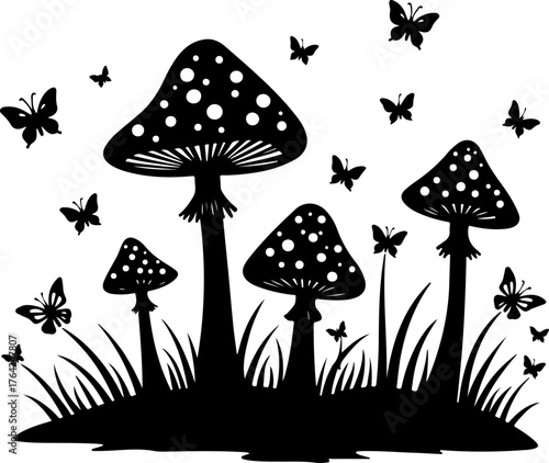 Magical Mushroom Forest with Butterflies Silhouette