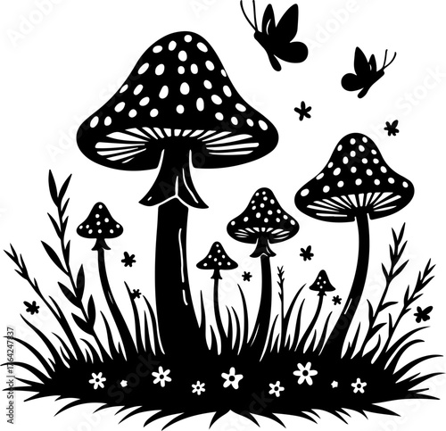 Magical Mushroom Forest with Butterflies Silhouette
