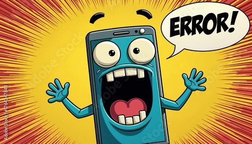 Screaming smartphone with wide cartoon eyes saying Error! on a yellow explosion background