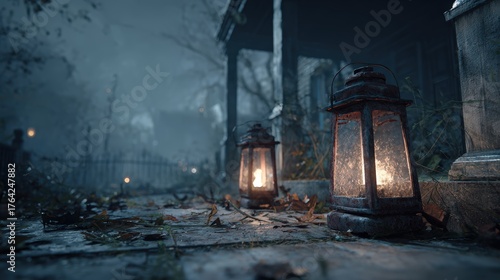Eerie Evening Glow Lanterns illuminate a mysterious Haunted Mansion, casting shadows and an air of suspense