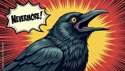 Surprised raven with open beak saying Nevermore! on a red starburst background, comic style poster