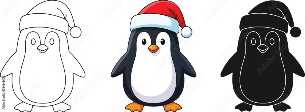 Obraz premium Three cute cartoon penguins wearing Santa hats