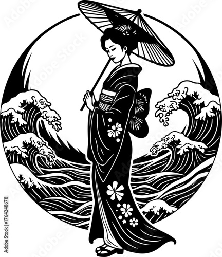 Elegant Japanese Geisha Silhouette with Umbrella — Traditional Kimono and Mountain Wave Background