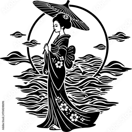 Elegant Japanese Geisha Silhouette with Umbrella — Traditional Kimono and Mountain Wave Background
