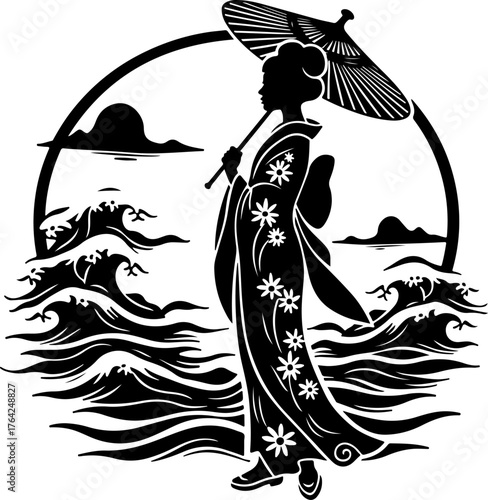 Elegant Japanese Geisha Silhouette with Umbrella — Traditional Kimono and Mountain Wave Background