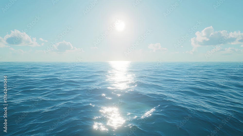 Fototapeta premium Serene ocean view under a bright sun with gentle waves and fluffy clouds in the background