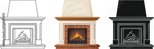 Three fireplace designs illustrated in line, beige, and black styles
