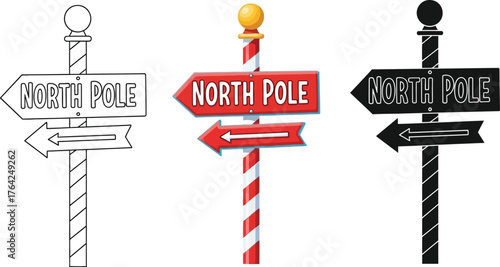 Three North Pole sign designs in different styles