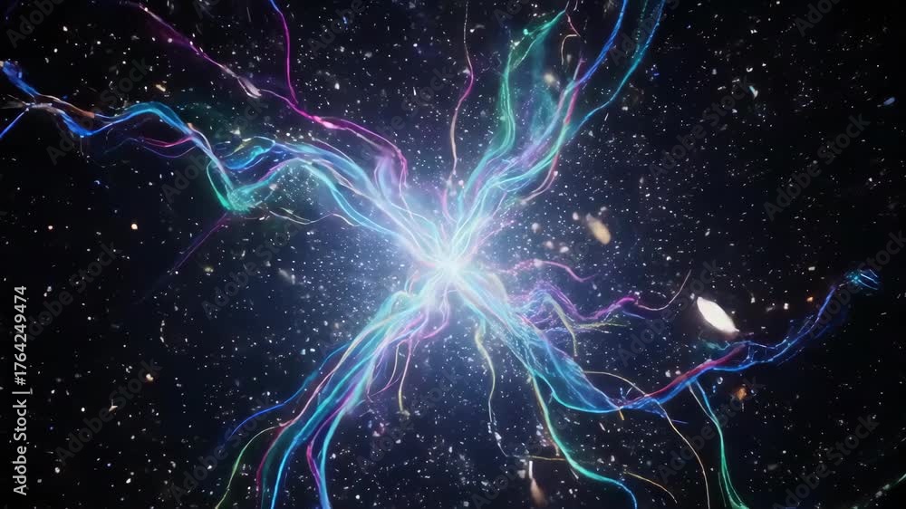 Glowing energy burst with colorful tendrils radiating from a bright core, starry dark background