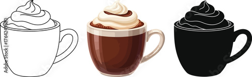 Vector art of three illustrated coffee cups with whipped cream