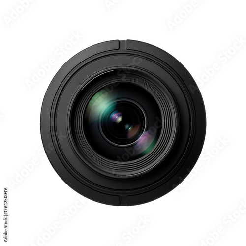 Close up macro view of a professional camera lens aperture with colorful light flares against a dark black background studio shot