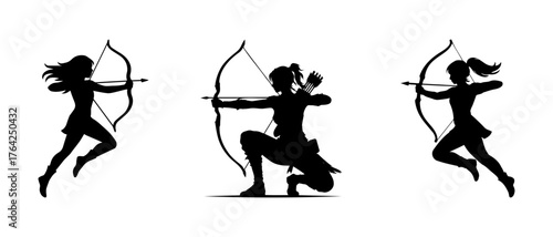 Dynamic Silhouette Collection of Female Archers Drawing Bow and Arrow in Action Poses