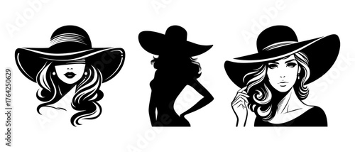 Gorgeous and Fashionable Woman Silhouette Collection with Wide Brim Hat and Curly Hair