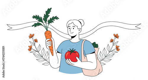 Woman with fresh vegetables promoting healthy eating and sustainable living.
