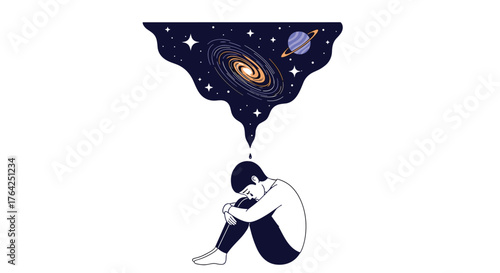 Contemplative Figure with Cosmic Thoughts, Seated in Deep Reflection.