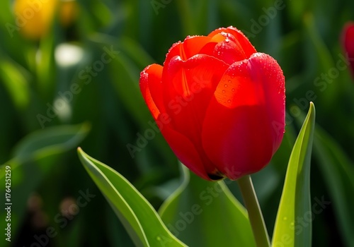 Vibrant Red Tulip Blossom in Natural Sunlight and Greenery.