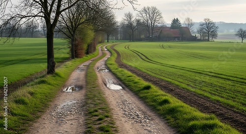Rural Road Through Green Fields - A Serene Countryside Landscape.