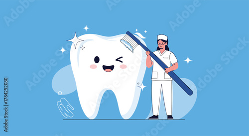 Cheerful female dentist brushing a large sparkling white tooth character.