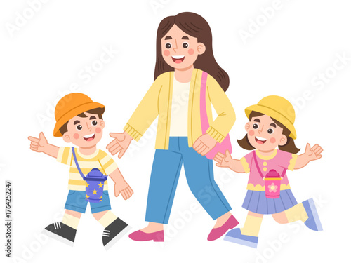 Illustration of a Child and Mother Walking