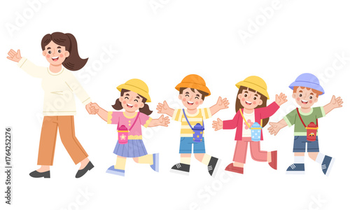 Illustration of students and a teacher on a class field trip