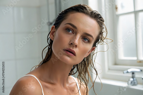Natural Beauty Concept with Oily Hair and Soft Lighting