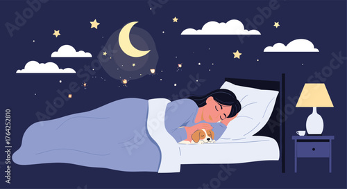 Woman sleeping peacefully in bed under the night sky.