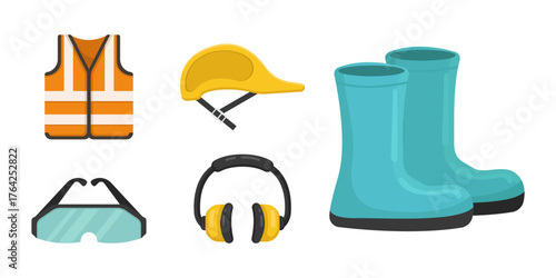 vector illustration of Protective Safety Gear Set: Vest, Helmet, Boots, Goggles, and Ear Protection for Work