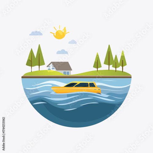 A yellow car submerged in water with a house and trees on land.